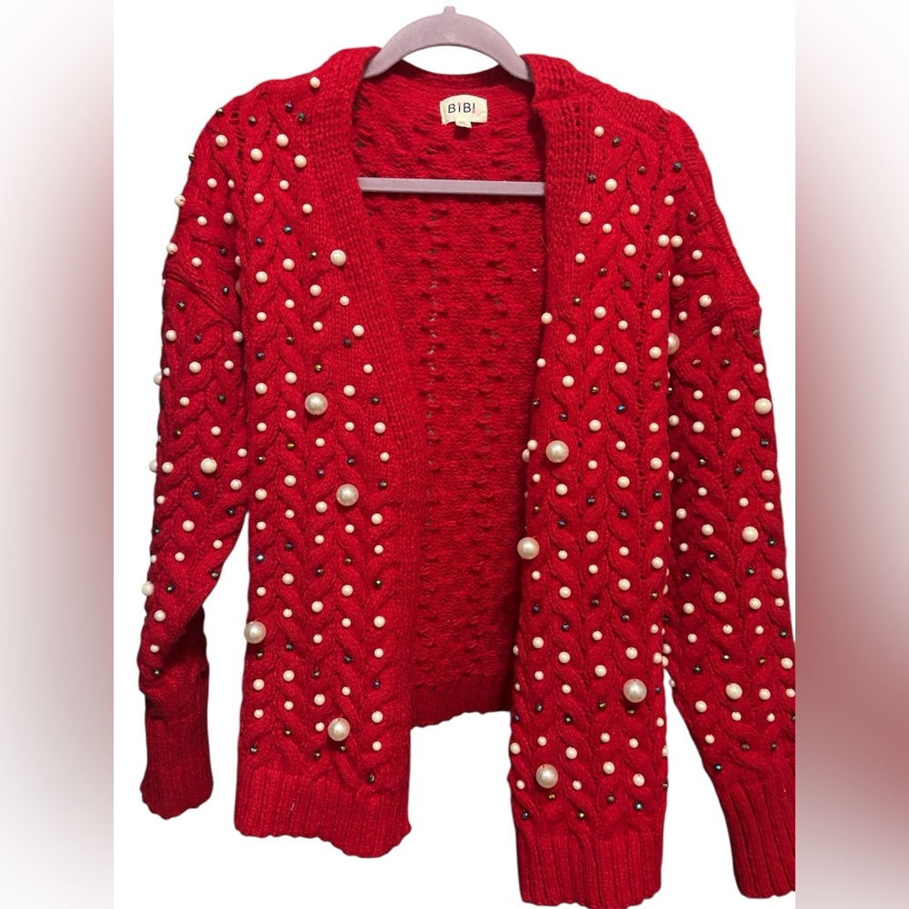 BiBi Red Cardigan with Pearl Details